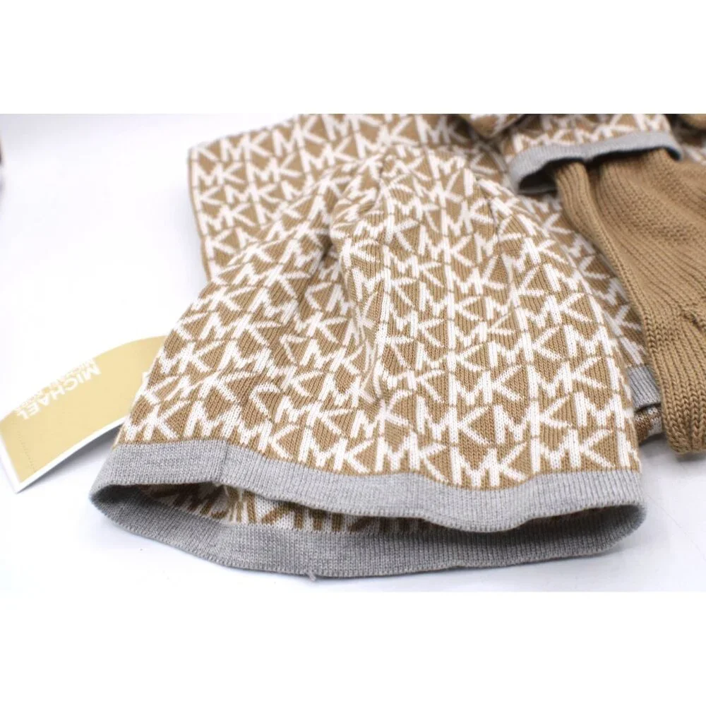Michael Kors Matching Tan & White Monogram Knit Gloves Scarf & Beanie Set NWT - Picture 2 of 8